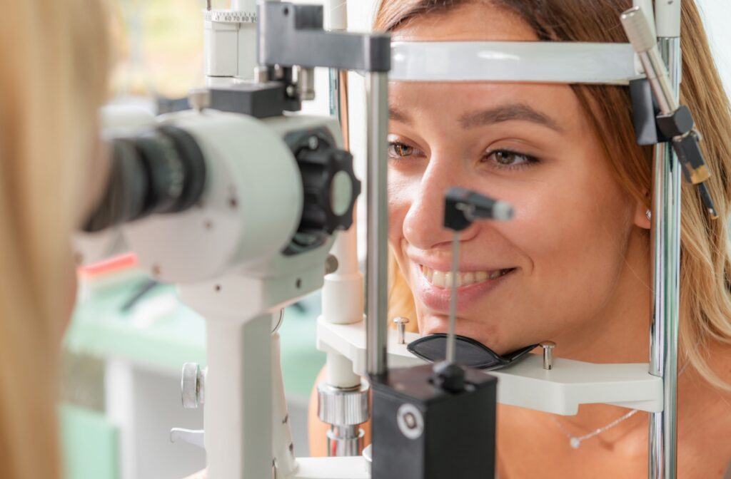 A close-up image of an optometry patient during a tonometry test to check their eye pressure and detect glaucoma.