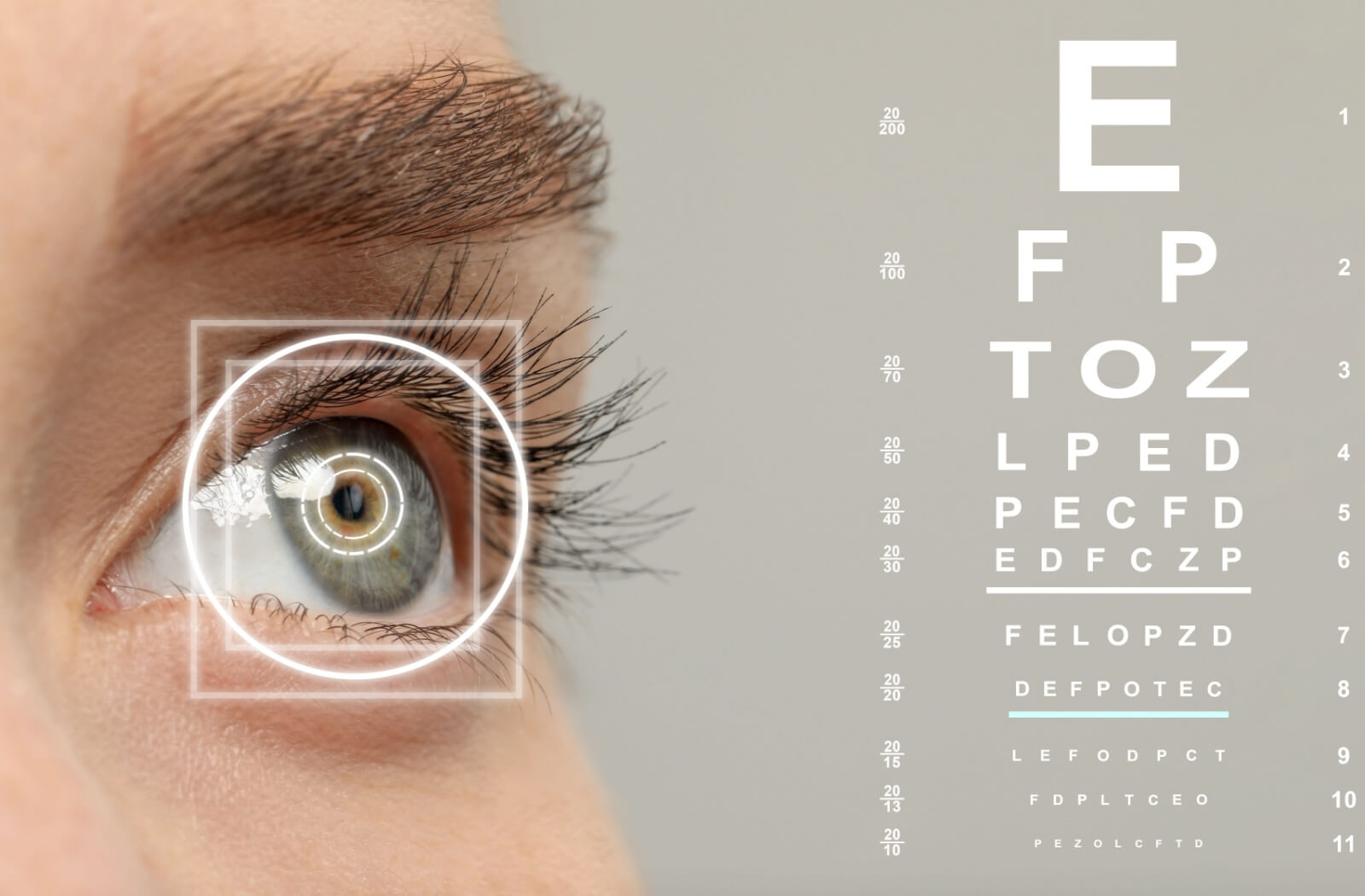 Close-up of an eye with a digital diagnostic overlay beside a Snellen eye chart, representing vision testing during an eye exam.