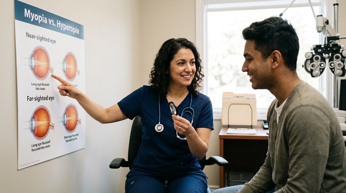 Side-by-side graphic comparing vision differences between nearsighted myopia and farsighted hyperopia.