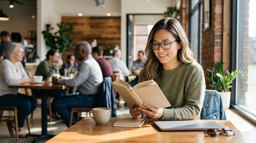 A smiling woman wearing eyeglasses while reading a book at a table in a bright cafe.