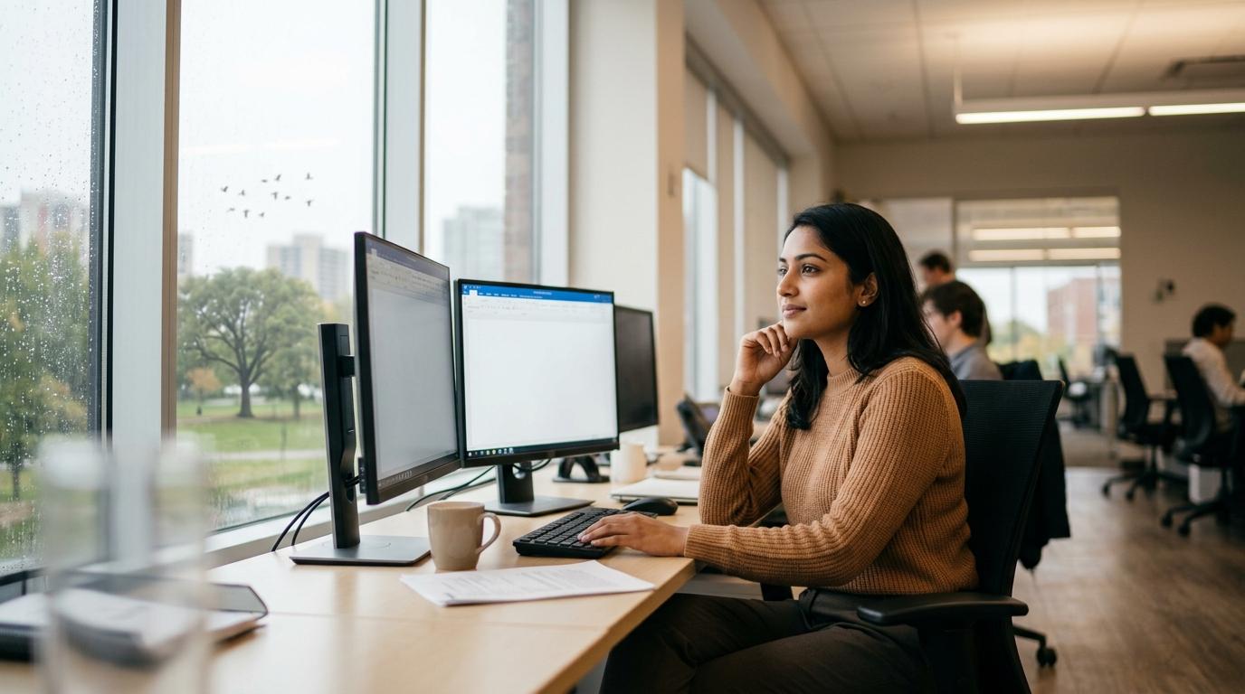 Adult looking away from a laptop screen to rest their eyes, demonstrating the 20-20-20 rule for digital eye strain.