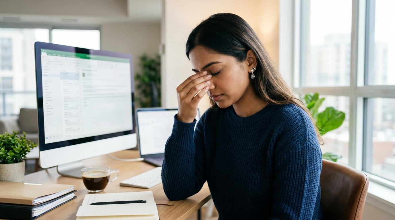 Adult rubbing their eyes while working at a computer desk, experiencing eye strain.