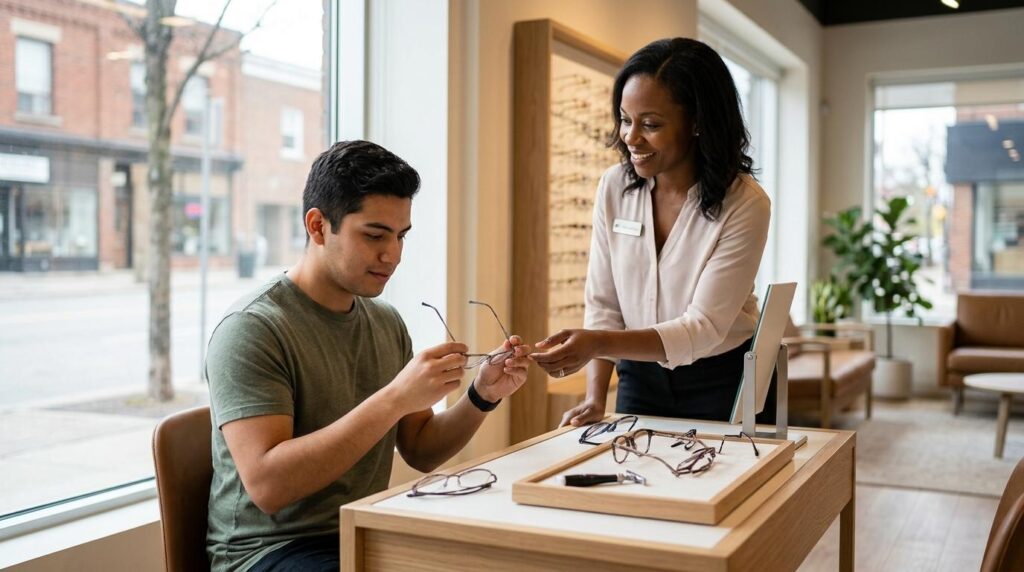 Smiling adult adjusting a new pair of glasses.