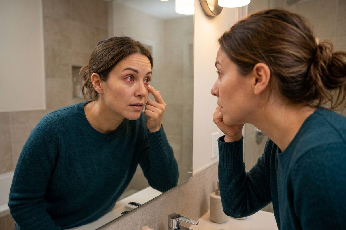 Adult examining a red eye in a bathroom mirror, pulling down lower eyelid with one finger, looking concerned.