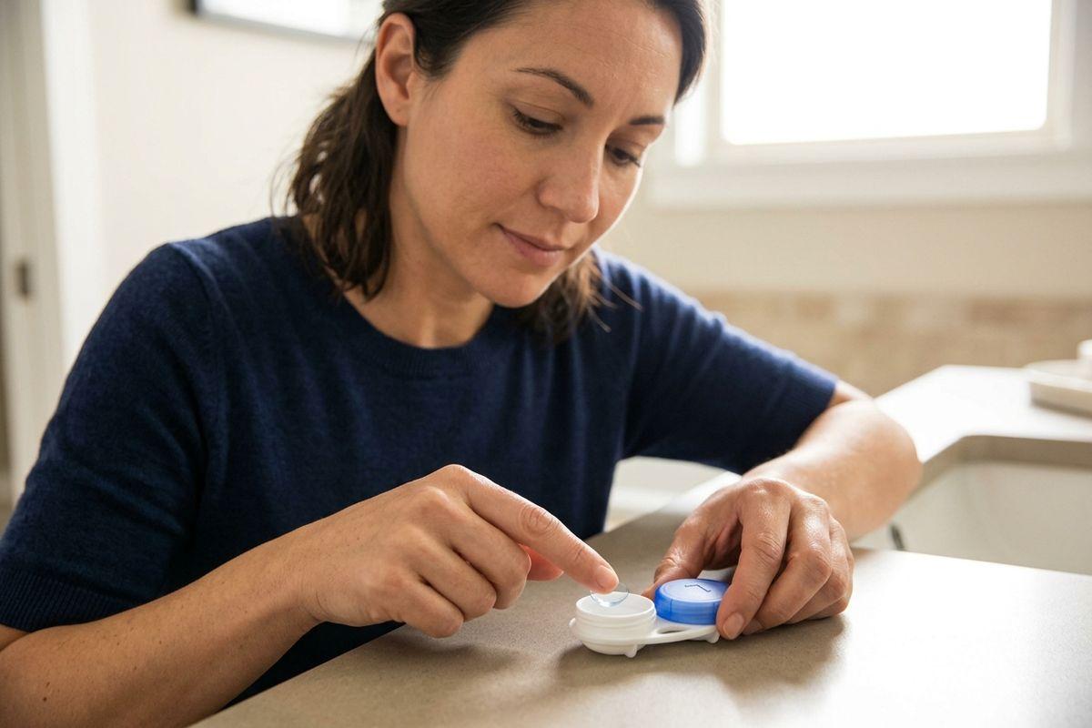 Adult handling a contact lens from an open contact lens case on a table, looking down focused.
