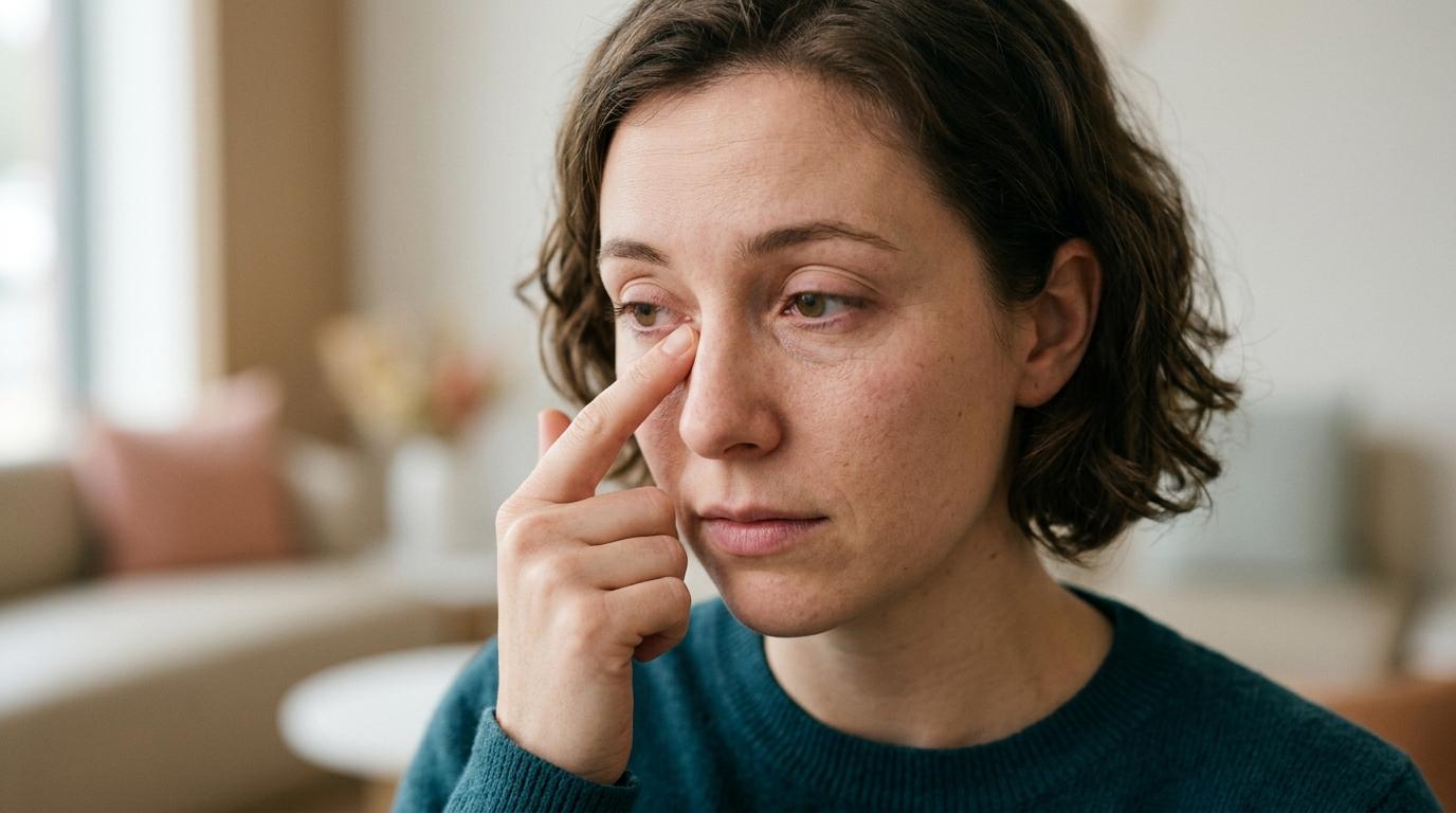 Adult in a teal sweater touching under one eye with a finger, looking concerned, indoors.
