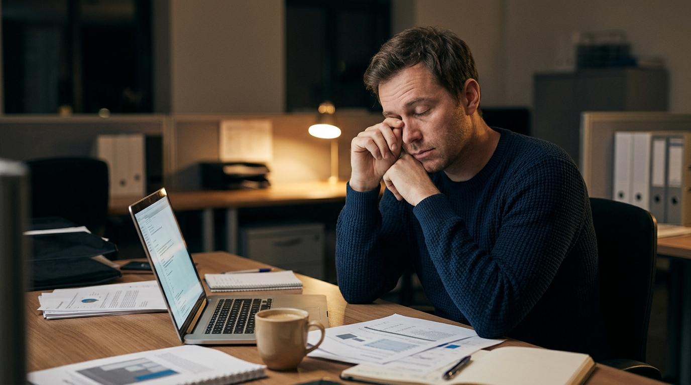 Tired person rubbing eyes at a desk with laptop, papers, and coffee in a dark office at night.