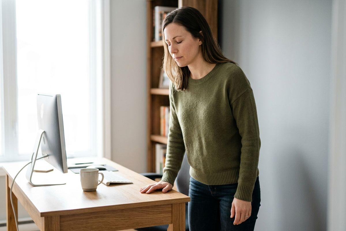 Adult standing at a wooden desk, looking down, one hand resting on the surface, with a monitor and mug nearby in a home office.