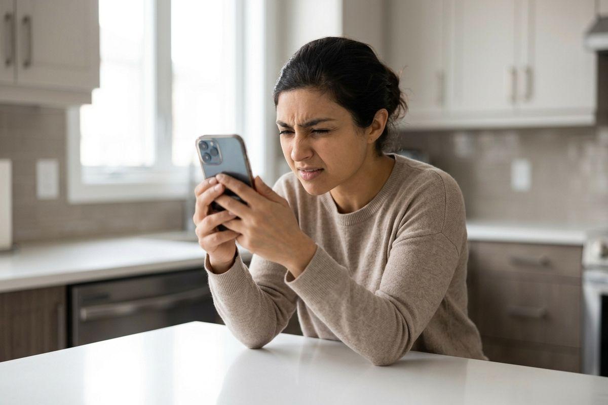 Adult sitting at a kitchen counter, holding a smartphone close to their face and squinting at the screen.