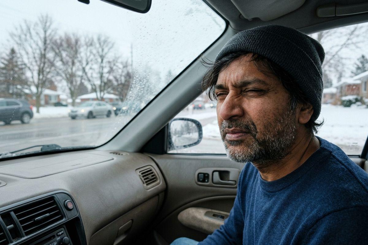 Person in a grey beanie and blue sweater sits in a car's passenger seat, squinting, with a snowy street visible through the windows.