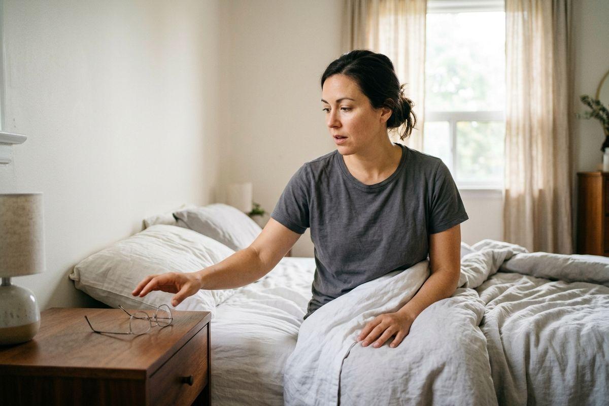 Person sitting up in bed reaching toward eyeglasses on a wooden nightstand in a sunlit bedroom.